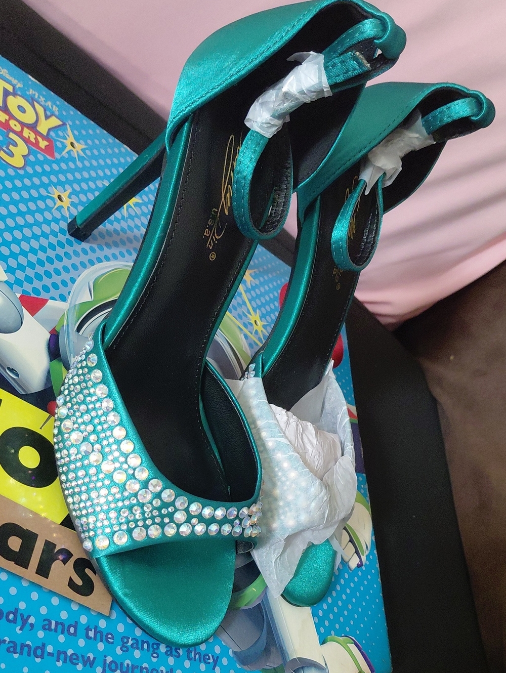Women’s Teal Satin Crystal Ankle-Strap Heels